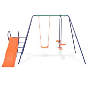 Columpio Infantil de Metal con 3 Asientos y Tobogán 297x193x180cm Naranja