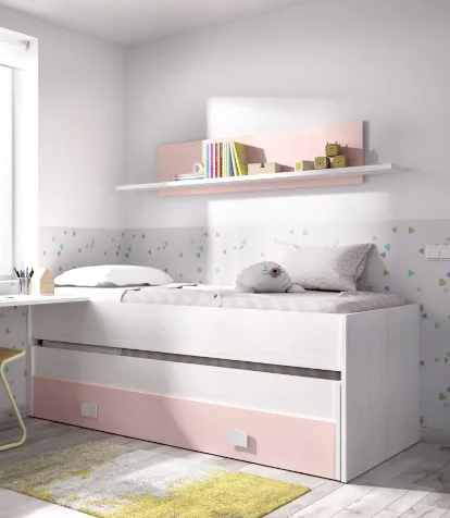 La cama doble juvenil Joymix es una hermosa cama nido con capacidad para 2  colchones y con estante de pared incluido. Ideal como