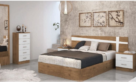 Pack de Dormitorio de Matrimonio Acabado Vinilado Simil Madera en Color Roble y Blanco