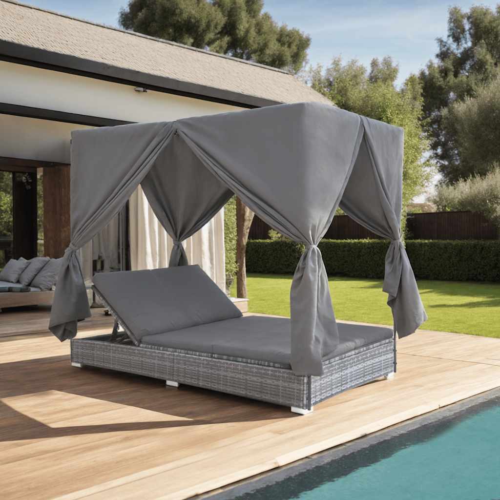Tumbona Doble de Ratán Sintético con Dosel Gris para Piscina