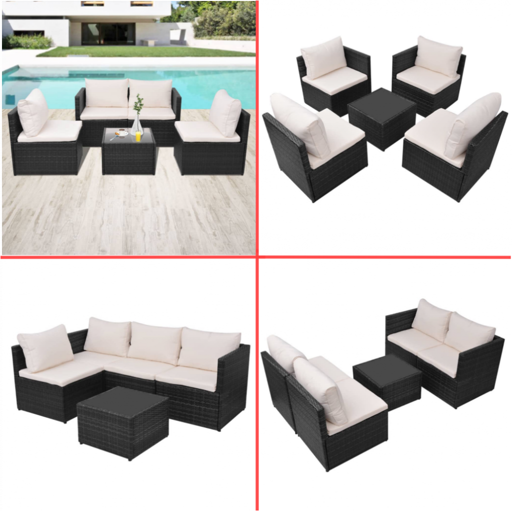 5 Muebles para Exterior de Ratán Sintético Negro y Blanco Crema