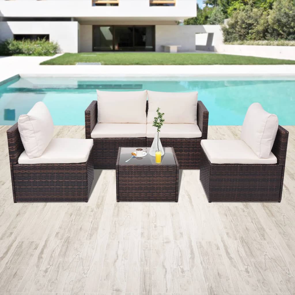 5 Muebles para Exterior de Ratán Sintético Marrón y Blanco Crema